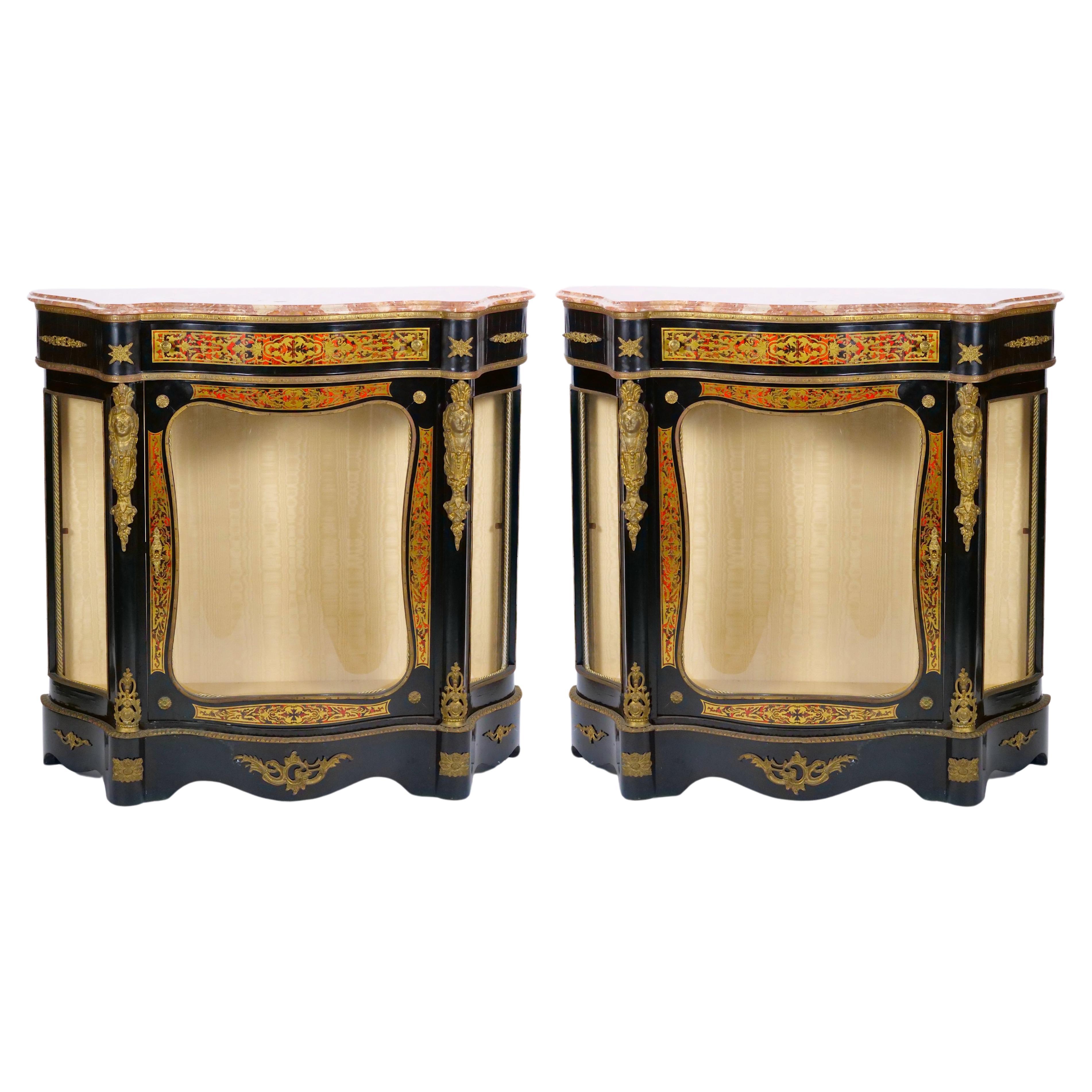 Pair 19th Century French Napoleon III Boulle Marquetry Ebonized Side Cabinets 