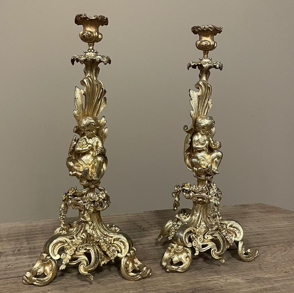 Pair 19th Century French Napoleon III Period Bronze D'Or Rococo Candlesticks For Sale 14