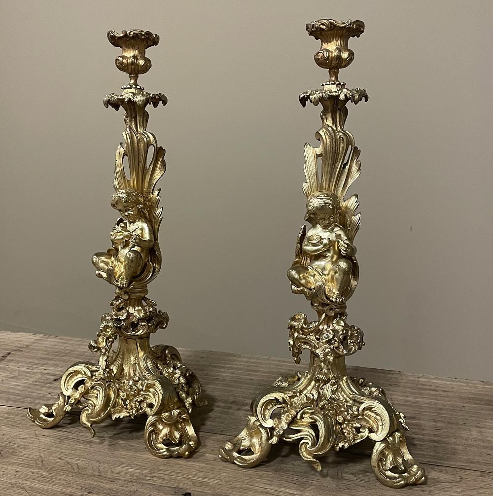 Pair 19th Century French Napoleon III Period Bronze D'Or Rococo Candlesticks For Sale 14