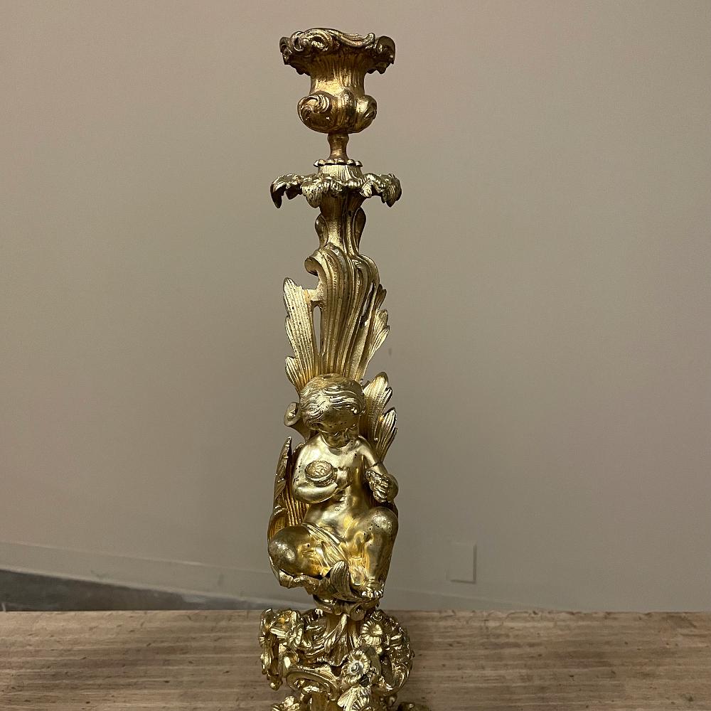 Gold Pair 19th Century French Napoleon III Period Bronze D'Or Rococo Candlesticks For Sale