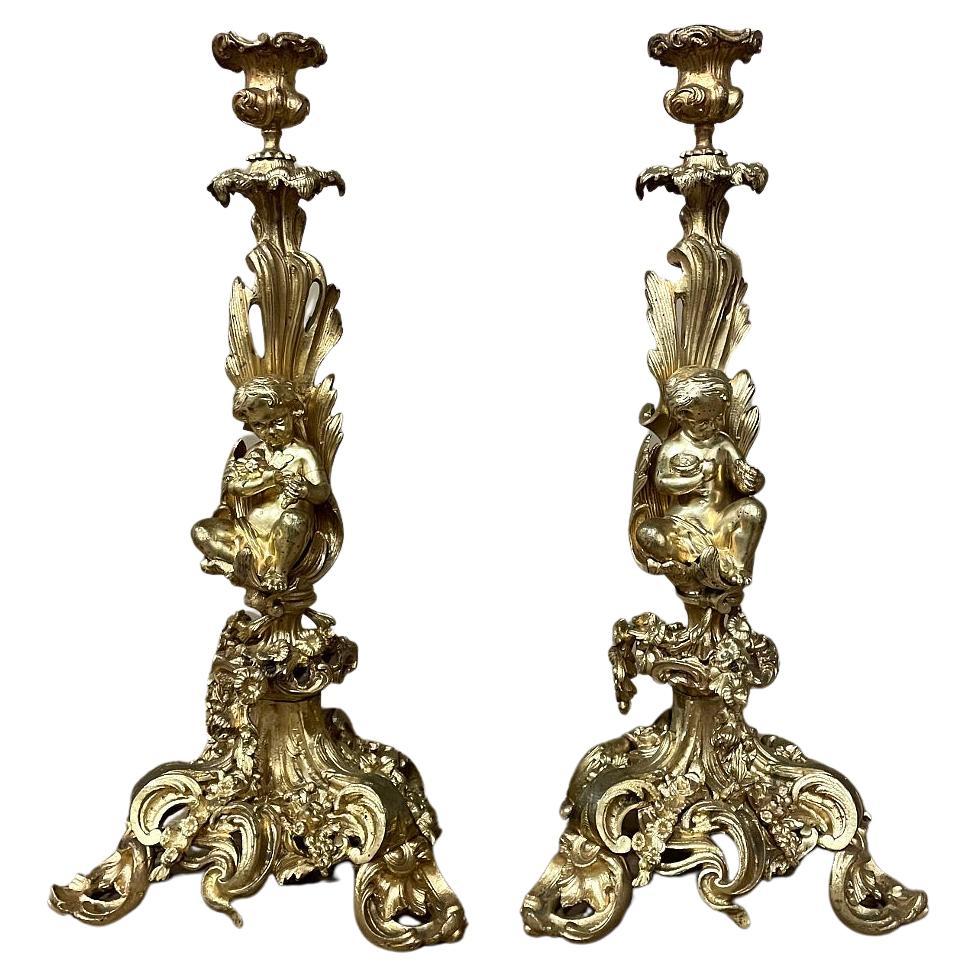 Pair 19th Century French Napoleon III Period Bronze D''Or Rococo Candlesticks