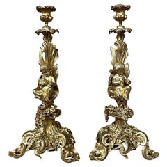 Antique Pair 19th Century French Napoleon III Period Bronze D'Or Rococo Candlesticks