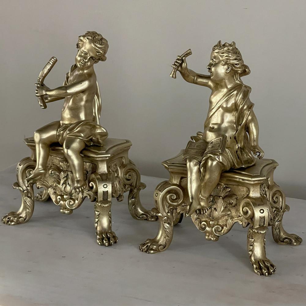 Hand-Crafted Pair 19th Century French Napoleon III Period Bronze Dore Andirons, Bookends For Sale