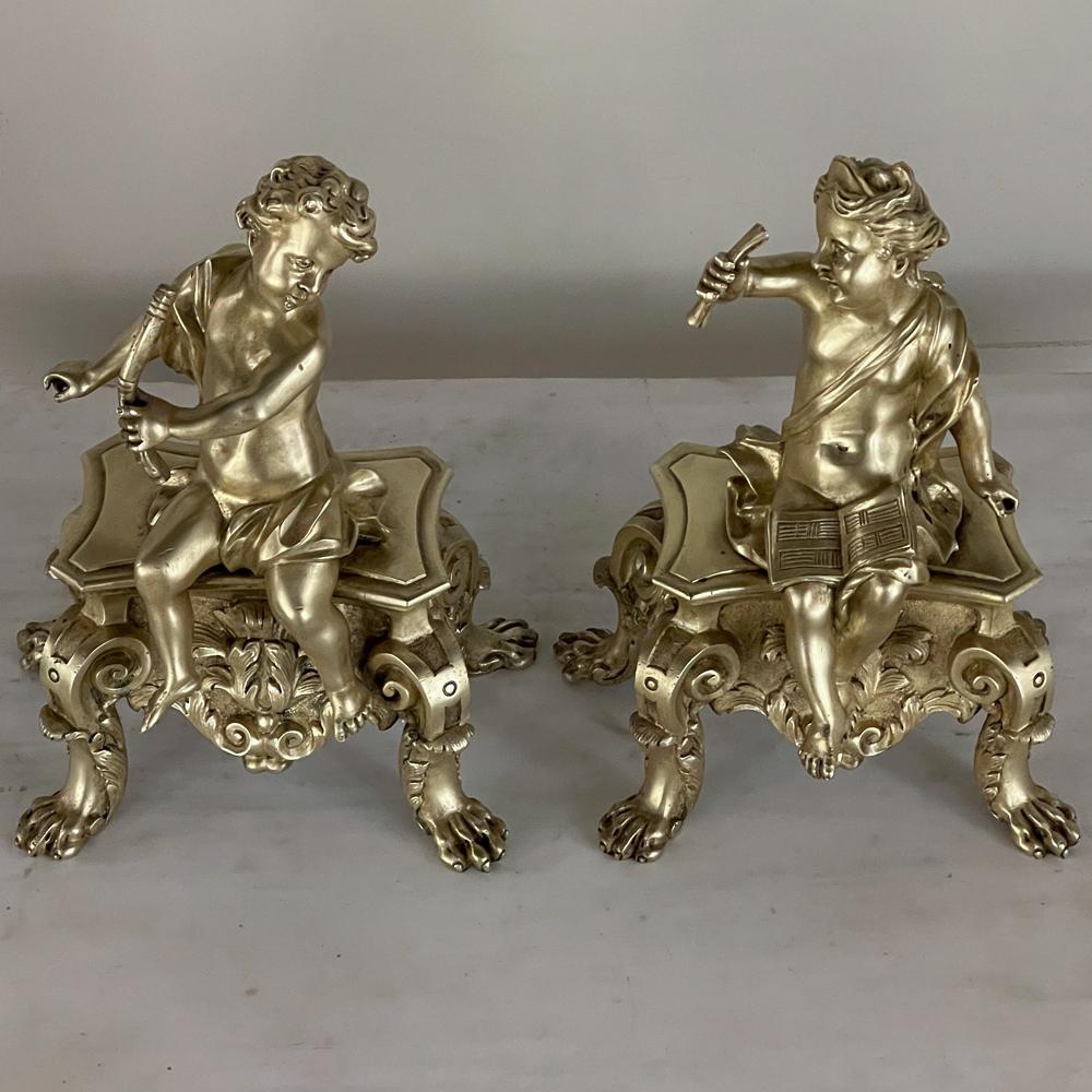 Pair 19th Century French Napoleon III Period Bronze Dore Andirons, Bookends In Good Condition For Sale In Dallas, TX