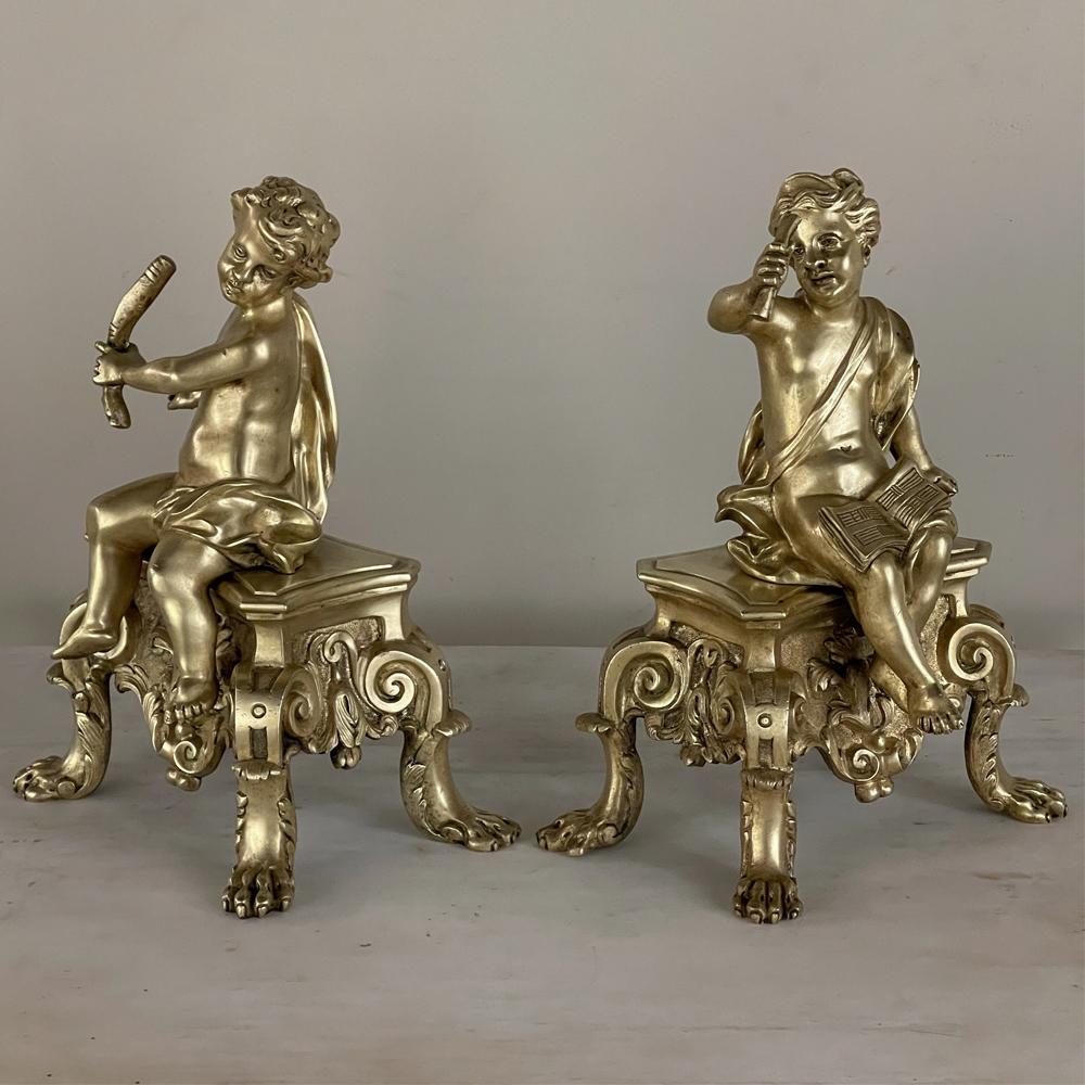 Gold Pair 19th Century French Napoleon III Period Bronze Dore Andirons, Bookends For Sale