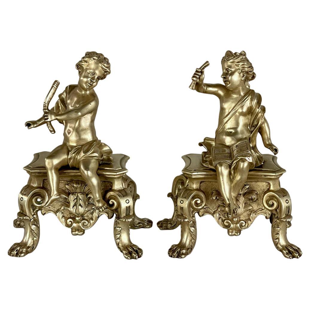 Pair 19th Century French Napoleon III Period Bronze Dore Andirons, Bookends For Sale