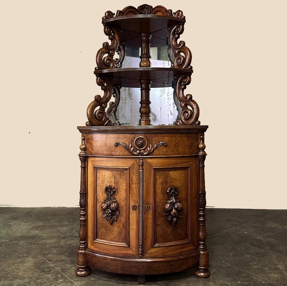 Pair 19th Century French Napoleon III Period Corner Cabinets ~ Vaisseliers will make a splendid addition to your decor, while taking advantage of space normally unused. Hand-crafted from fine French walnut, each features an elaborately scrolled