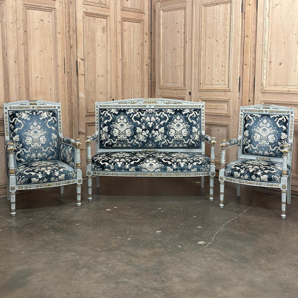Pair 19th Century French Napoleon III Period Empire Style Painted Armchairs ~ Bergere with Fauteuil with cut silk velvet recalls the glory days of Napoleon and Josephine creating what many experts consider to be one of the most elegant and formal of