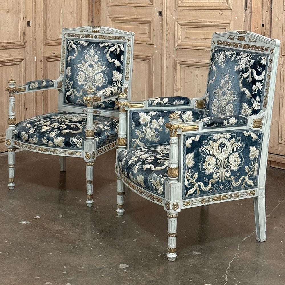 Hand-Carved Pair 19th Century French Napoleon III Period Empire Style Painted Armchairs For Sale