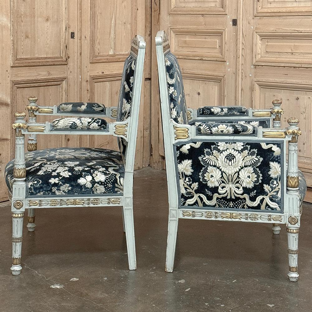 Silk Pair 19th Century French Napoleon III Period Empire Style Painted Armchairs For Sale