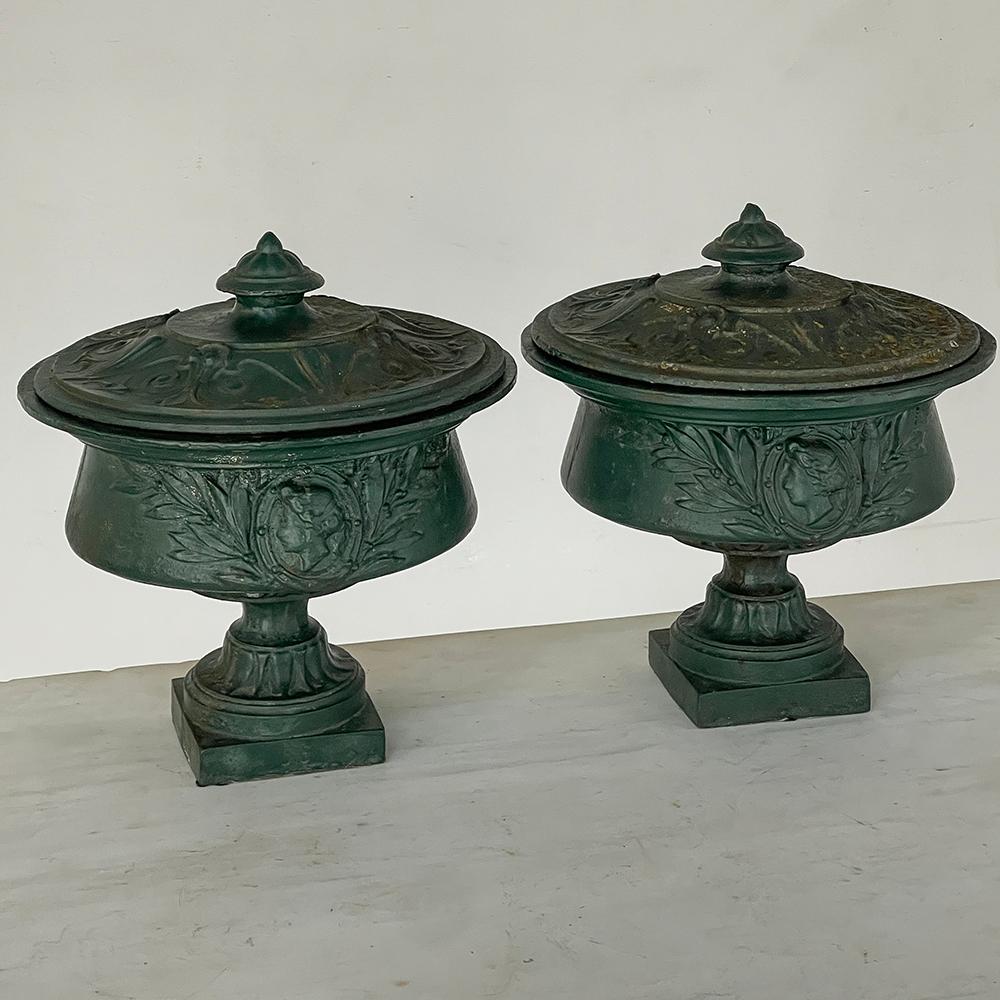 Hand-Crafted Pair 19th Century French Napoleon III Period Iron Garden Urns For Sale