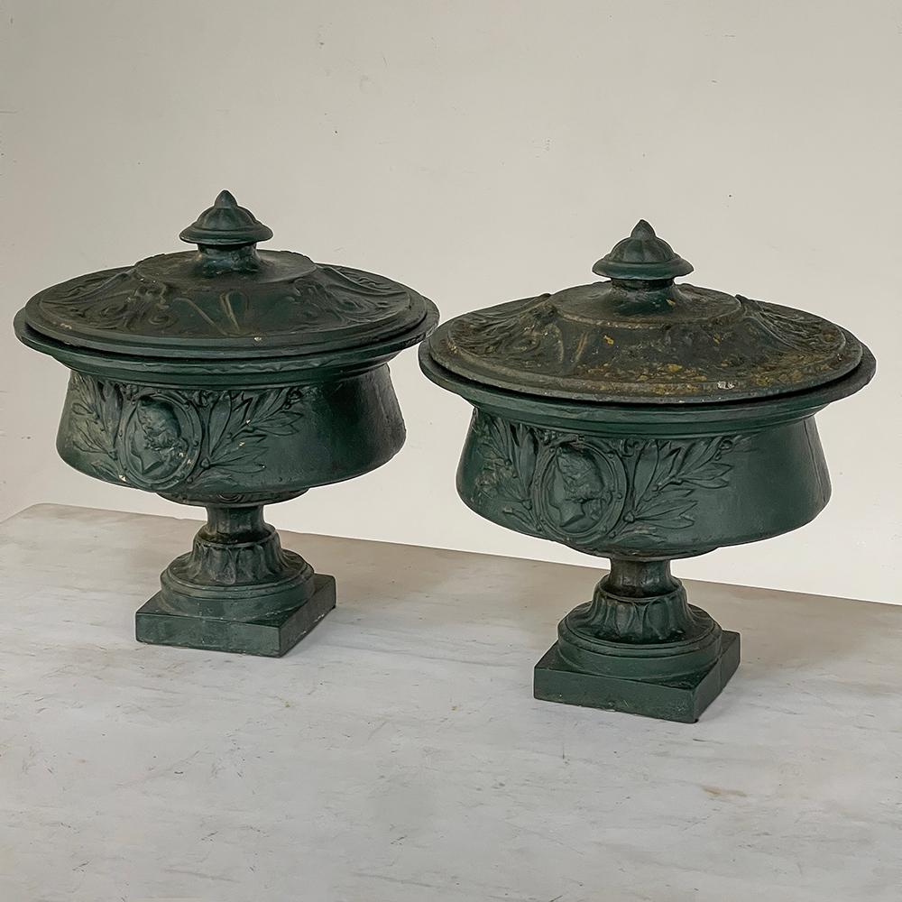 Pair 19th Century French Napoleon III Period Iron Garden Urns In Good Condition For Sale In Dallas, TX