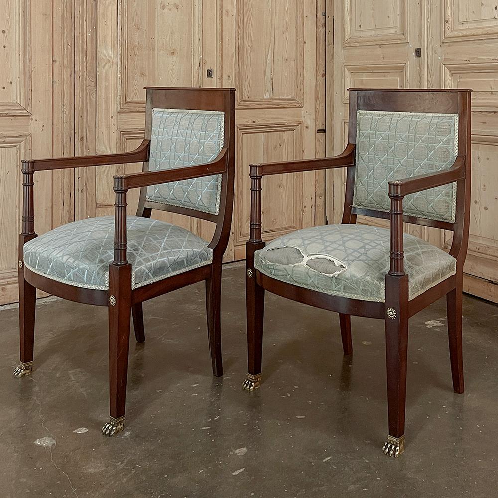 Bronze Pair 19th Century French Napoleon III Period Mahogany Armchairs For Sale