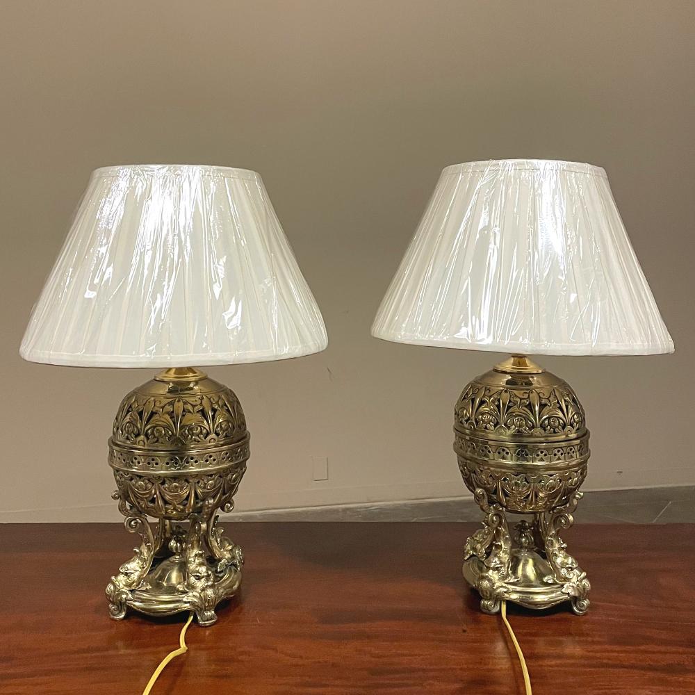 Hand-Crafted Pair 19th Century French Napoleon III Period Oil Lanterns Converted to Table Lam For Sale