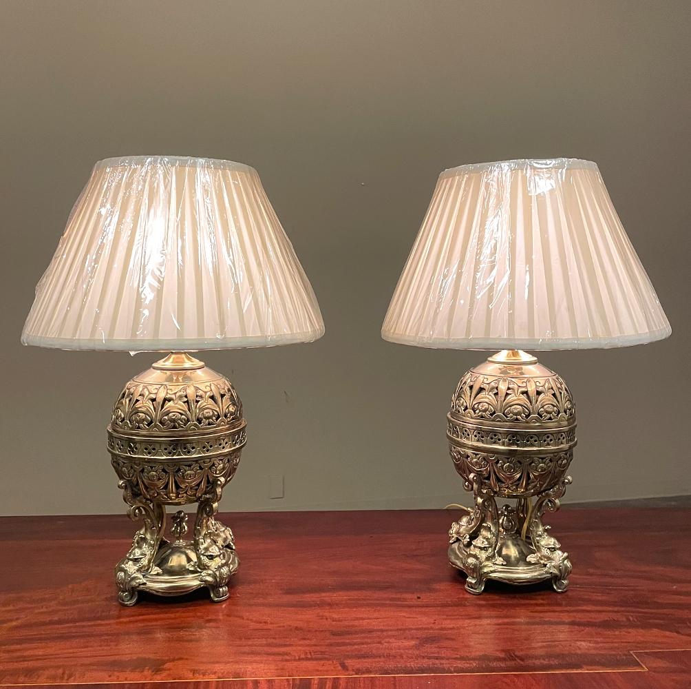 Pair 19th Century French Napoleon III Period Oil Lanterns Converted to Table Lam In Good Condition For Sale In Dallas, TX