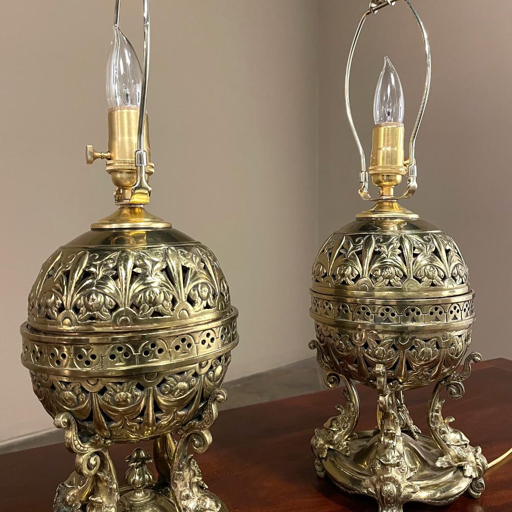 Bronze Pair 19th Century French Napoleon III Period Oil Lanterns Converted to Table Lam For Sale