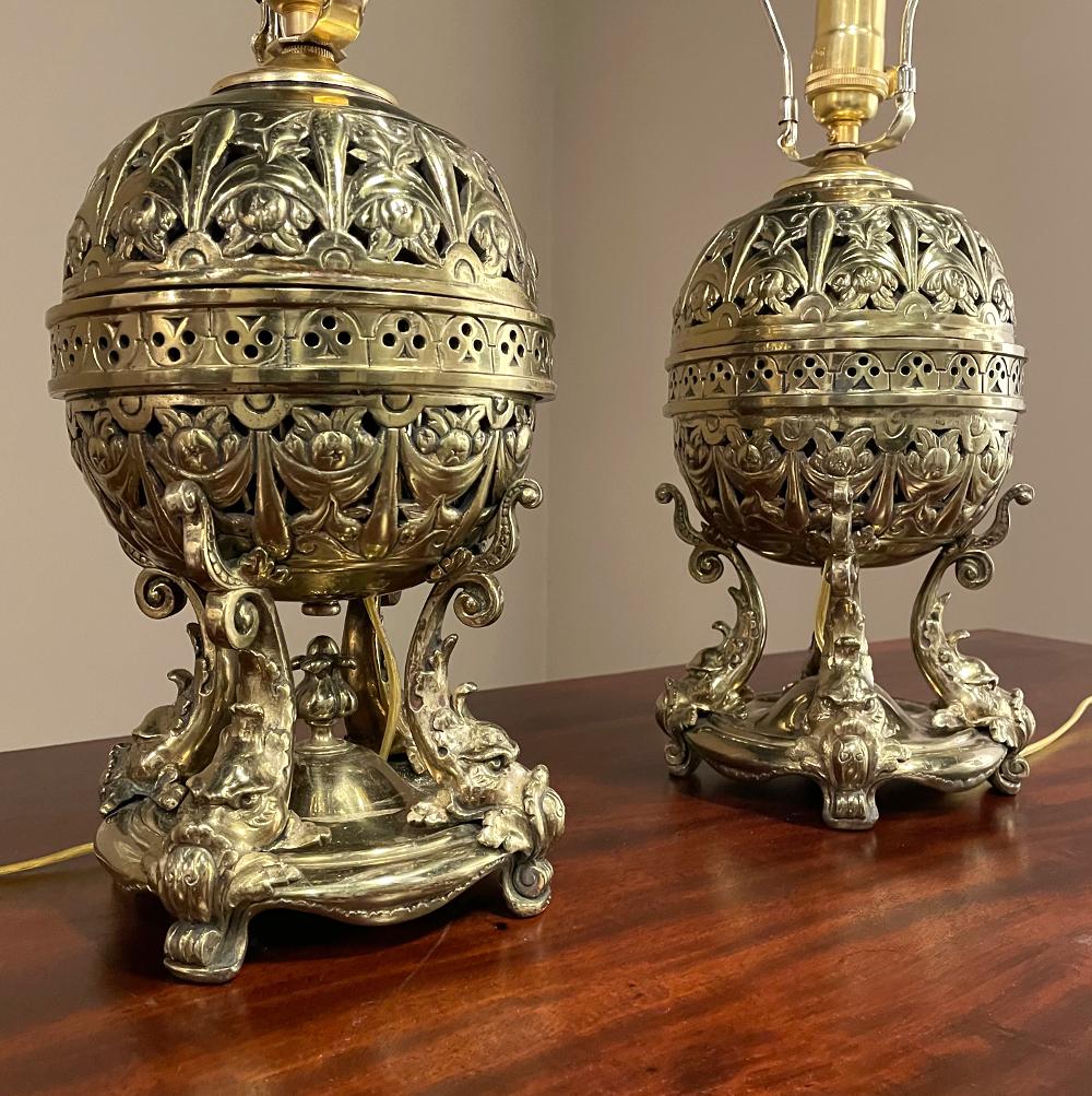 Pair 19th Century French Napoleon III Period Oil Lanterns Converted to Table Lam For Sale 1