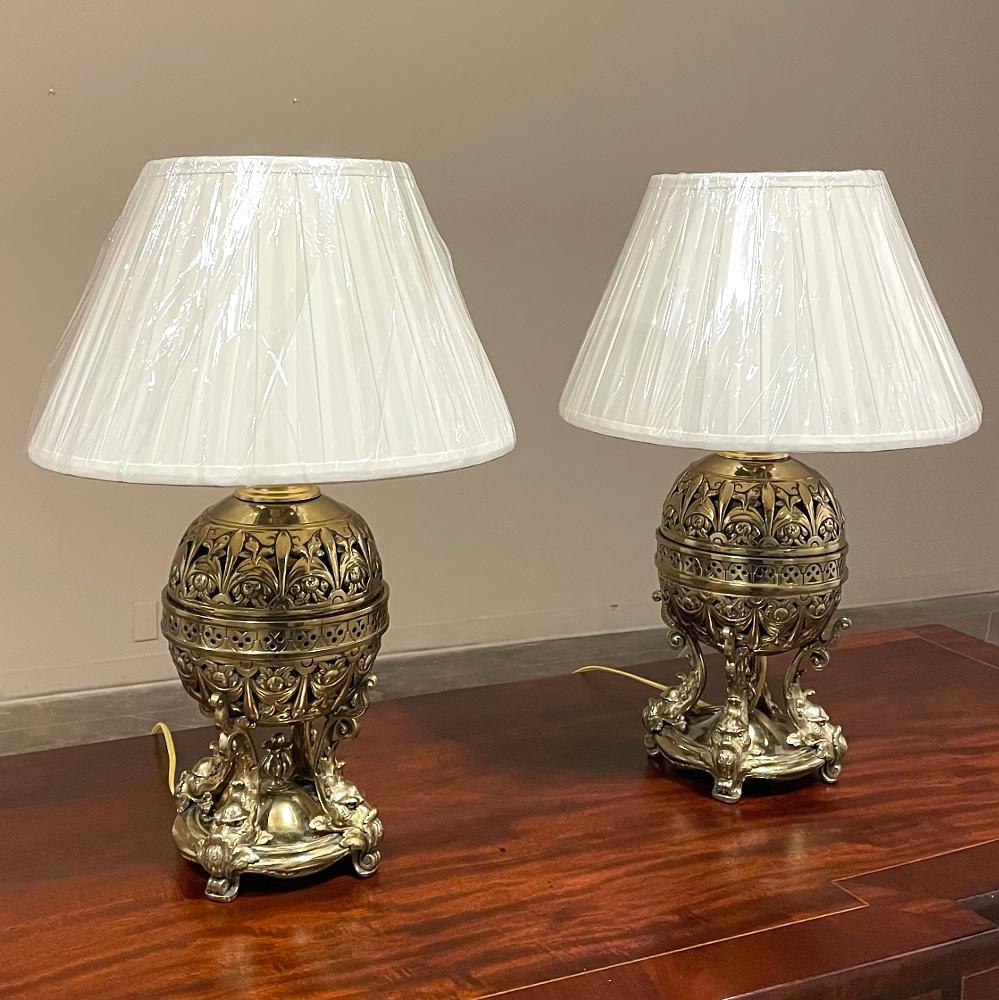 Pair 19th Century French Napoleon III Period Oil Lanterns Converted to Table Lam For Sale 2