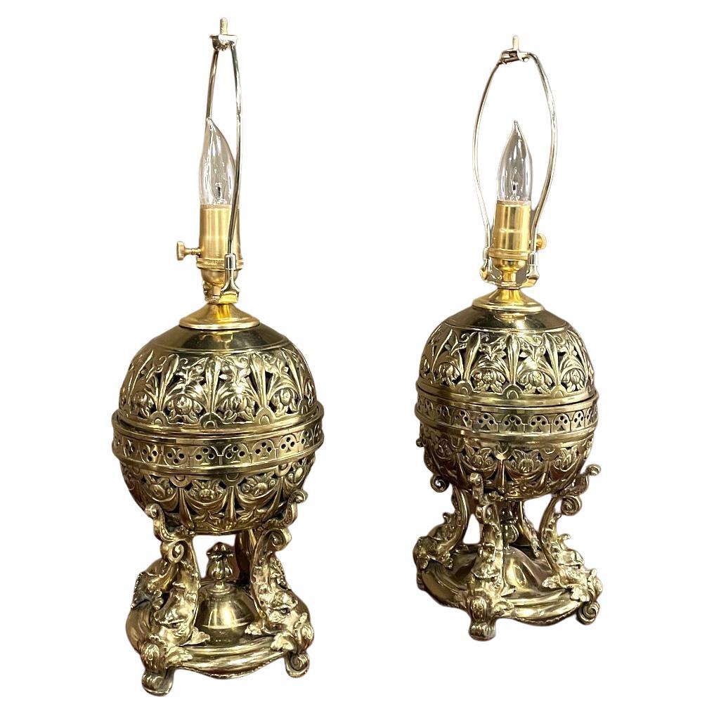 Pair 19th Century French Napoleon III Period Oil Lanterns Converted to Table Lam