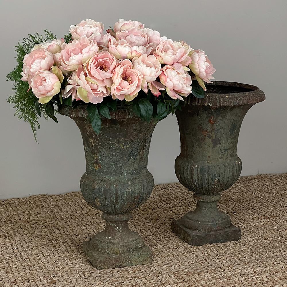Pair 19th century French neoclassical cast iron garden vases ~ jardinieres are perfect for outdoors or indoors as well! Classic design dates back to ancient Rome and Greece, with an inverted bell shape which transitions into a flared and squared