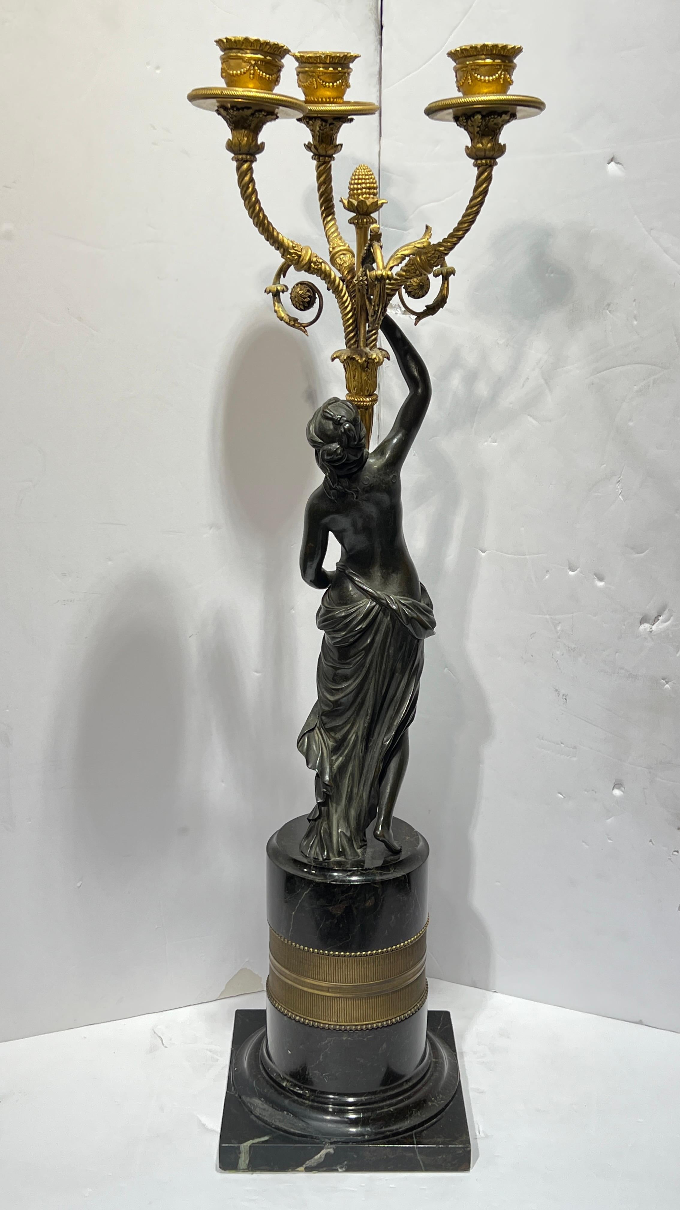 Francese Pair 19th Century French Neoclassical Gilt Bronze and Marble Candelabra in vendita