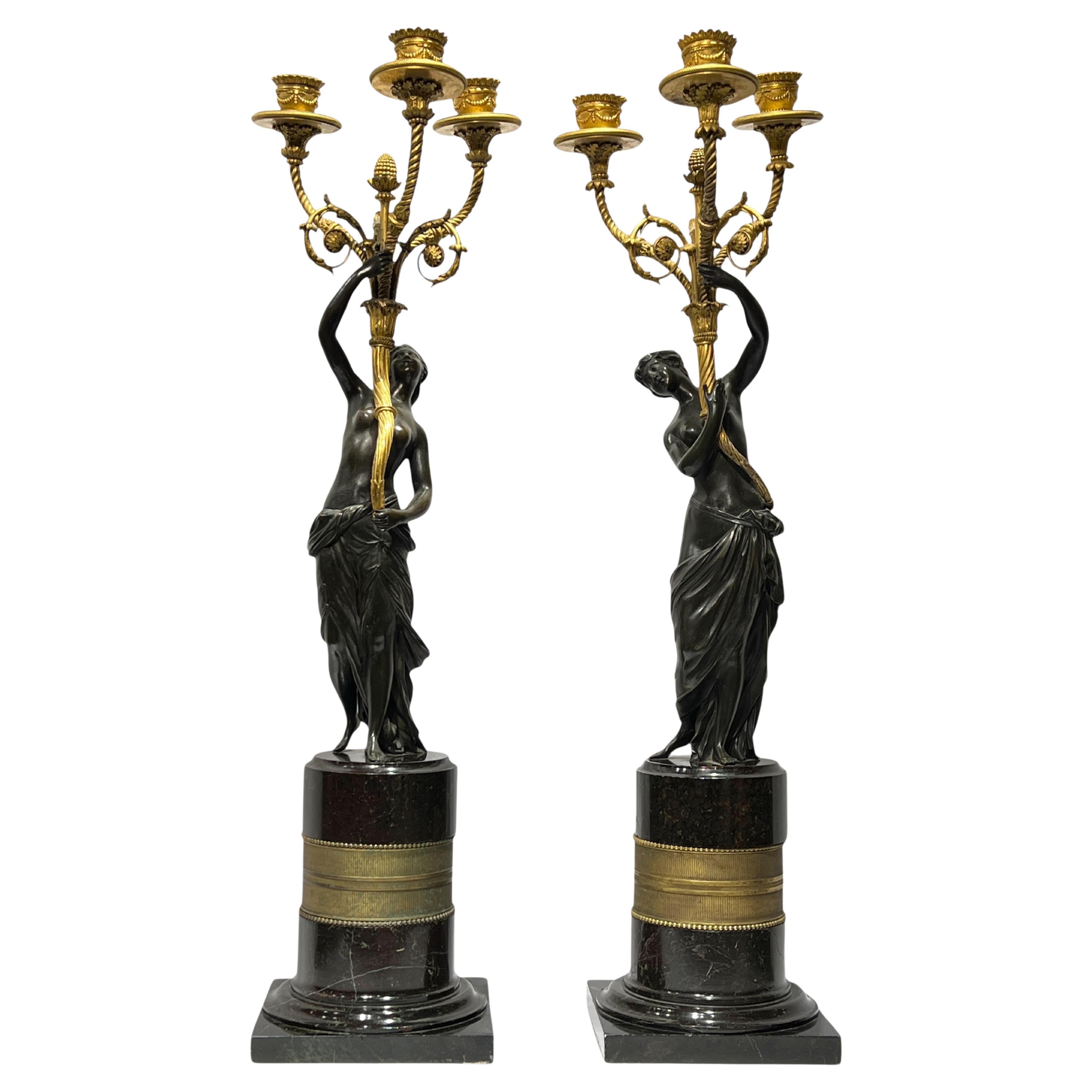 Pair 19th Century French Neoclassical Gilt Bronze and Marble Candelabra