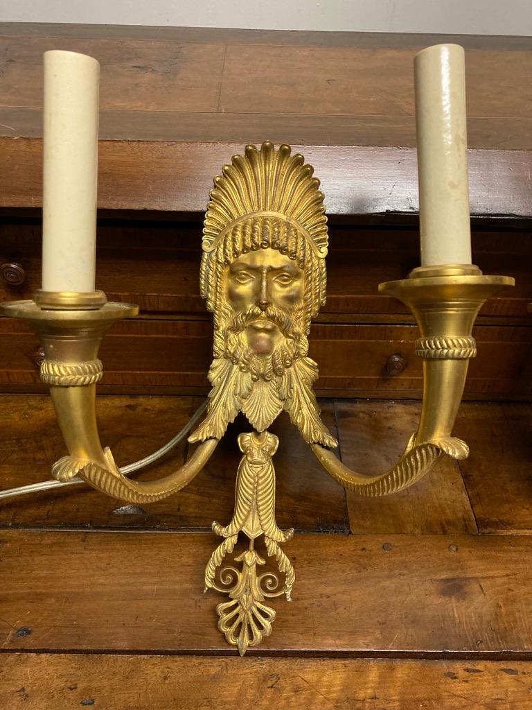Pair 19th Century French Neoclassical Gilt Bronze Wall Sconces In Good Condition For Sale In Stamford, CT