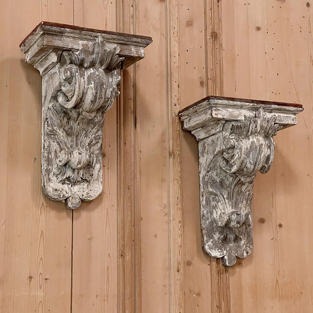 Pair 18th Century French Neoclassical Hand-Carved Painted Wall Sconces, Corbels For Sale 4