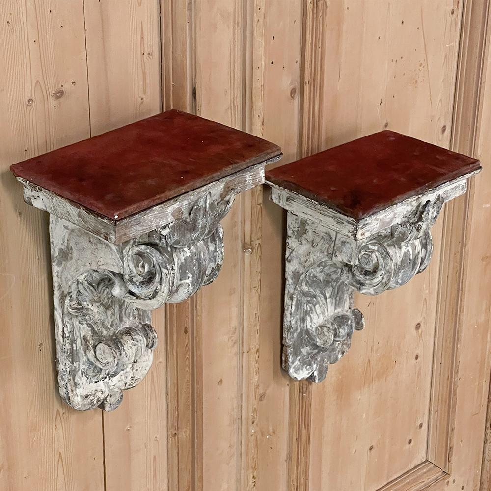 Pair 18th Century French Neoclassical Hand-Carved Painted Wall Sconces, Corbels In Good Condition For Sale In Dallas, TX
