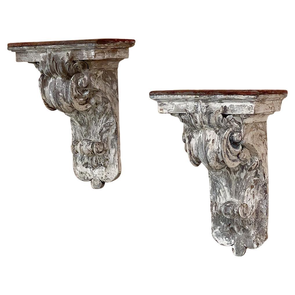 Pair 18th Century French Neoclassical Hand-Carved Painted Wall Sconces, Corbels For Sale