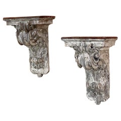 Pair 18th Century French Neoclassical Hand-Carved Painted Wall Sconces, Corbels