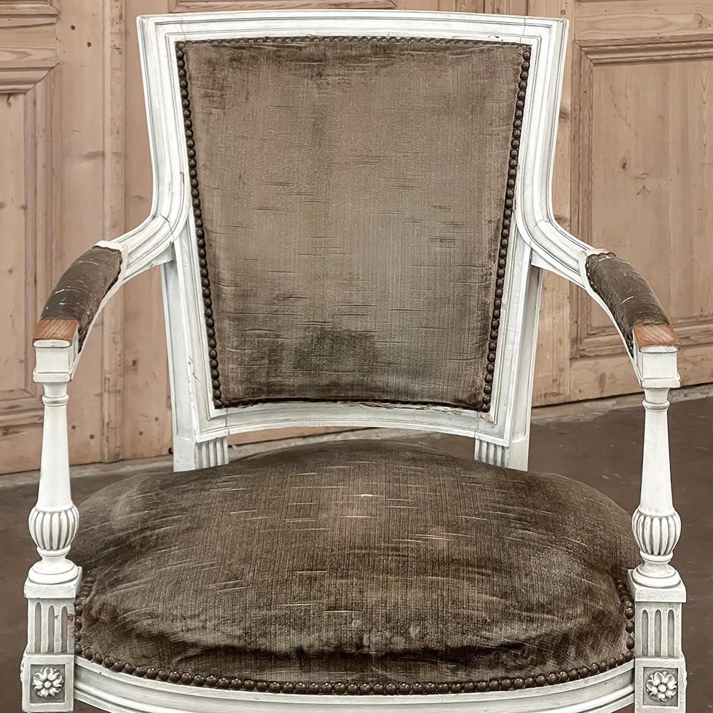 Pair 19th Century French Neoclassical Louis XVI Painted Armchairs For Sale 10