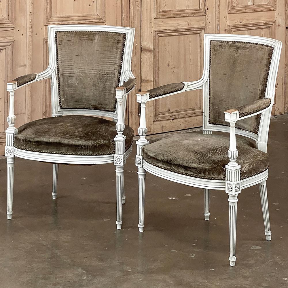 Hand-Crafted Pair 19th Century French Neoclassical Louis XVI Painted Armchairs For Sale