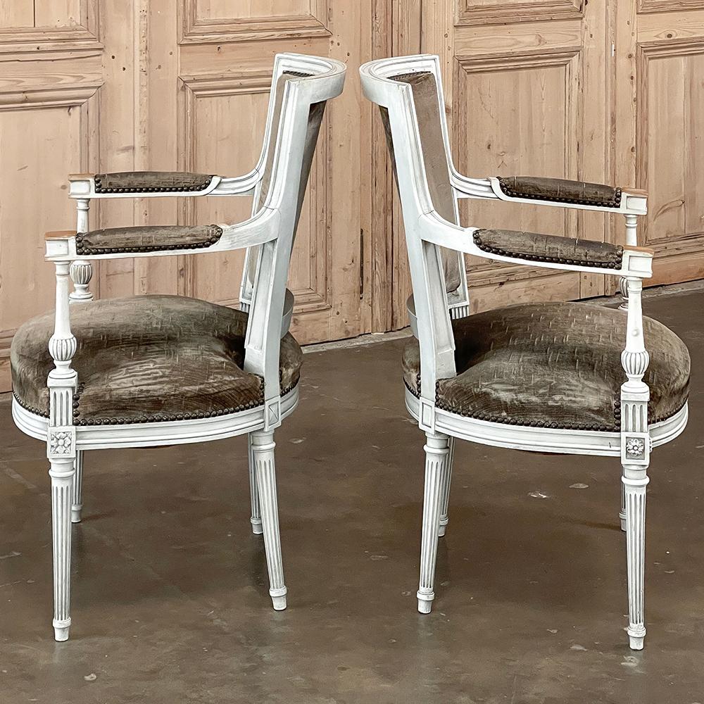 Mohair Pair 19th Century French Neoclassical Louis XVI Painted Armchairs For Sale