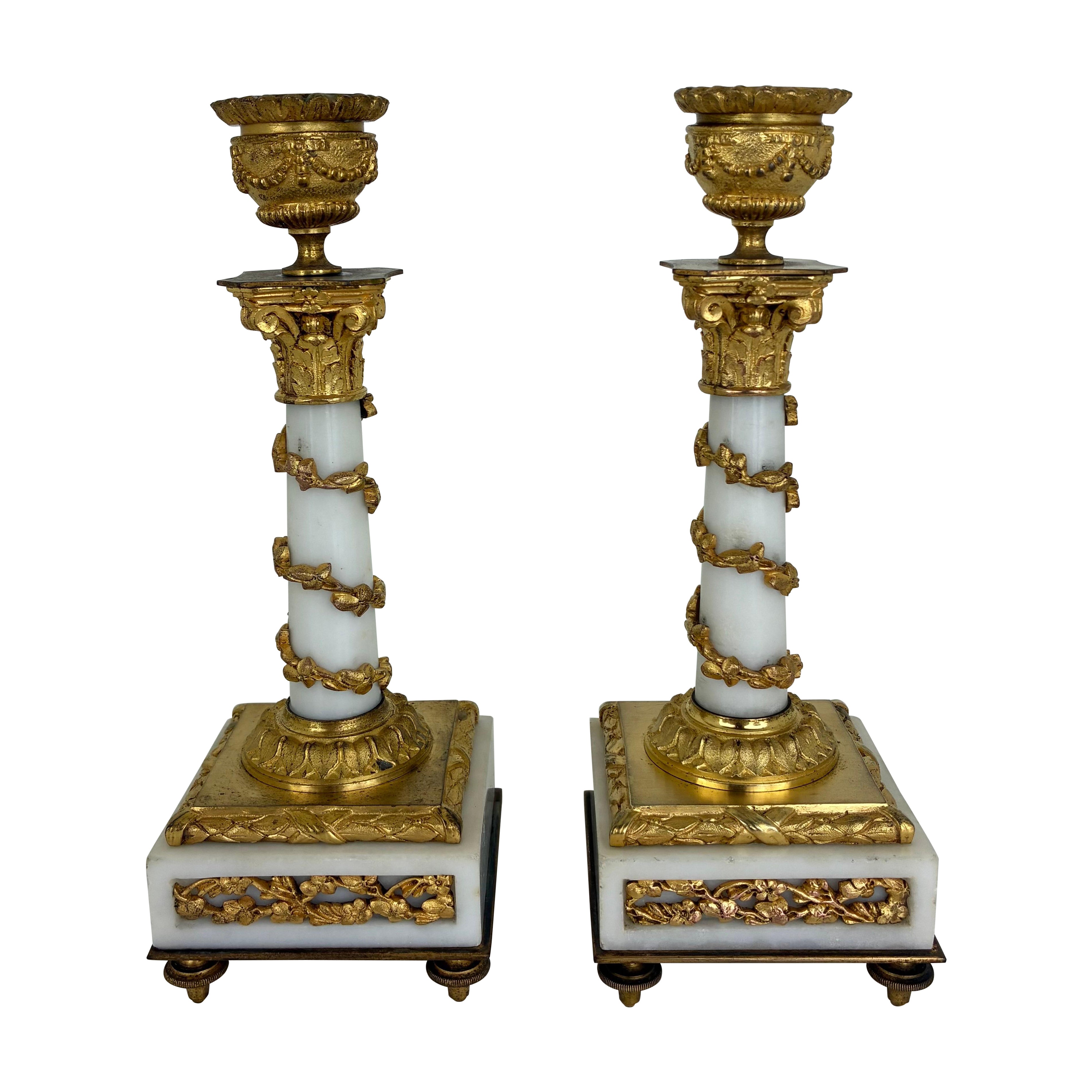 Pair 19th Century French Neoclassical Marble and Gilt Bronze Candlesticks