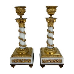 Pair 19th Century French Neoclassical Marble and Gilt Bronze Candlesticks
