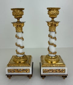 Pair 19th Century French Neoclassical Marble and Gilt Bronze Candlesticks