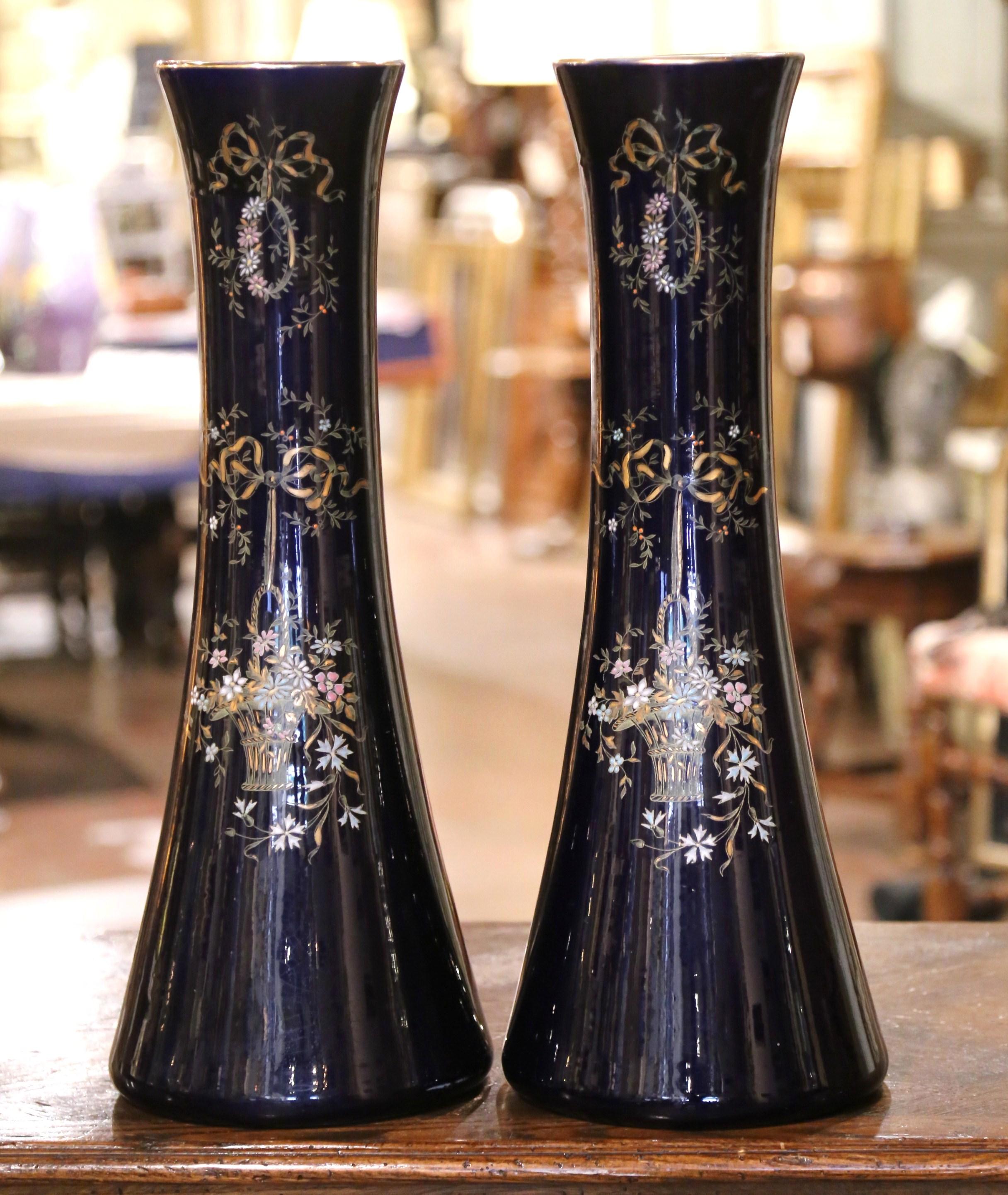 Pair 19th Century French Neoclassical Painted and Gilt Porcelain Trumpet Vases For Sale 2
