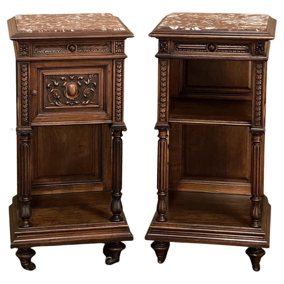 19th Century Victorian Carved Oak Marble Top Nightstands, Pair at 1stDibs