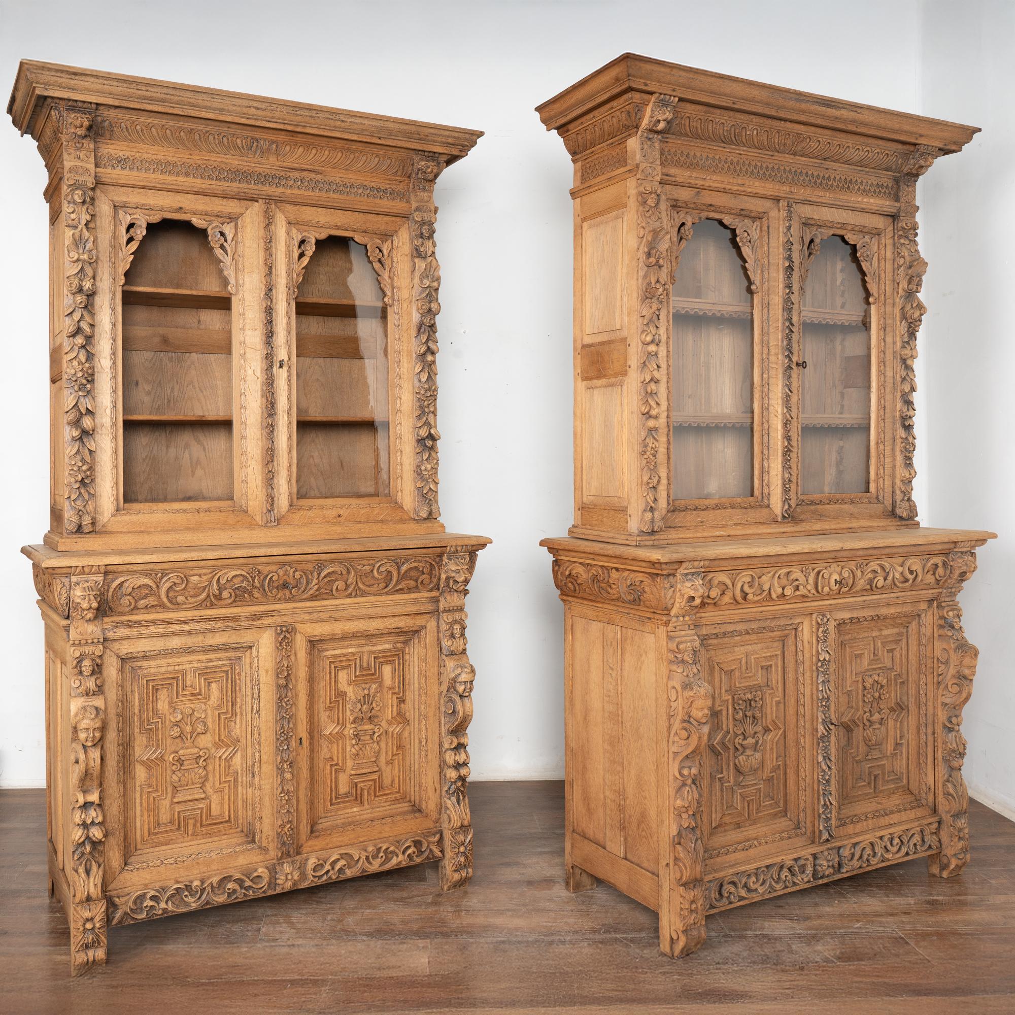 È difficile trovare una coppia di librerie e l'intaglio dettagliato di queste vetrine in Oak è eccezionale e rende questa coppia un reperto speciale.
Nota l'elaborato intaglio di fiori, facce, leoni, fiocchi e altro ancora che impreziosisce le