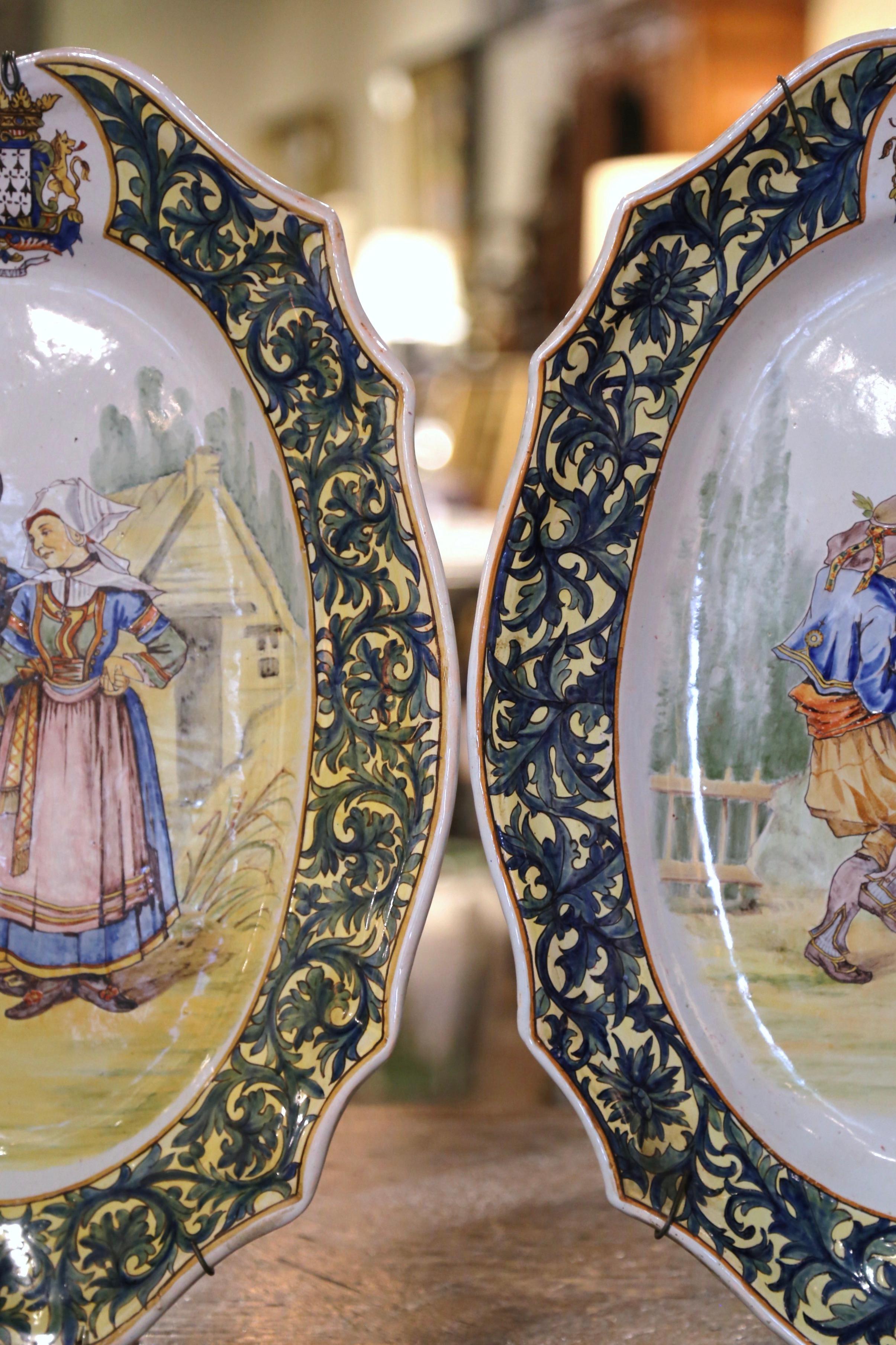 Pair 19th Century French Painted Faience Porquier Beau Quimper Wall Platters For Sale 6