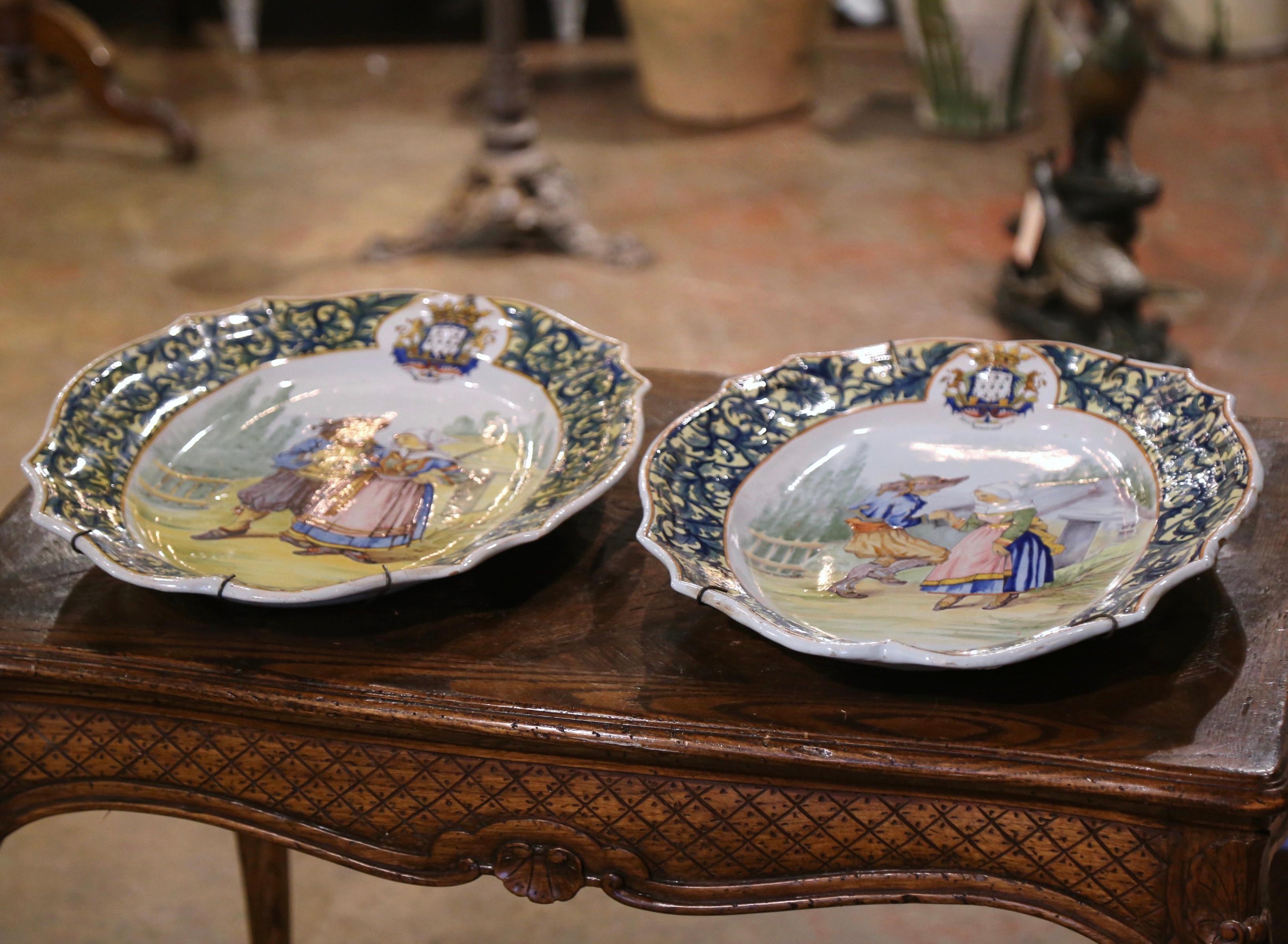 Pair 19th Century French Painted Faience Porquier Beau Quimper Wall Platters For Sale 7