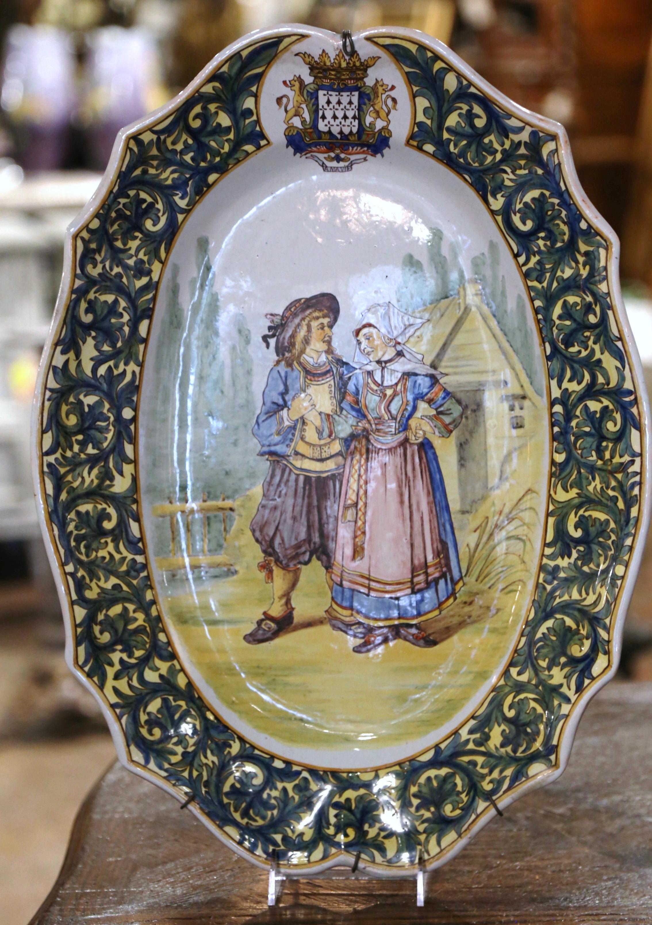 Hand-Painted Pair 19th Century French Painted Faience Porquier Beau Quimper Wall Platters For Sale