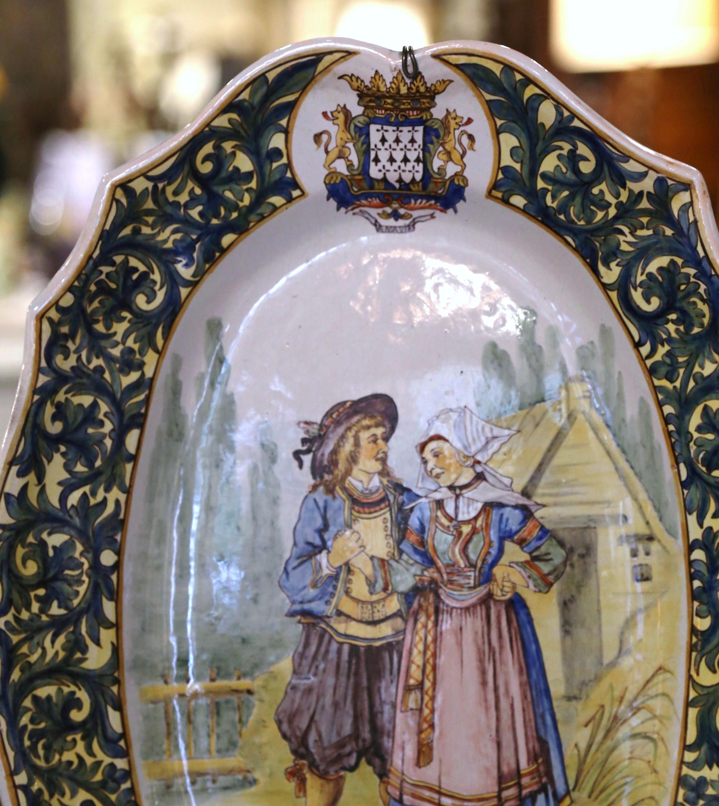 Pair 19th Century French Painted Faience Porquier Beau Quimper Wall Platters In Excellent Condition For Sale In Dallas, TX