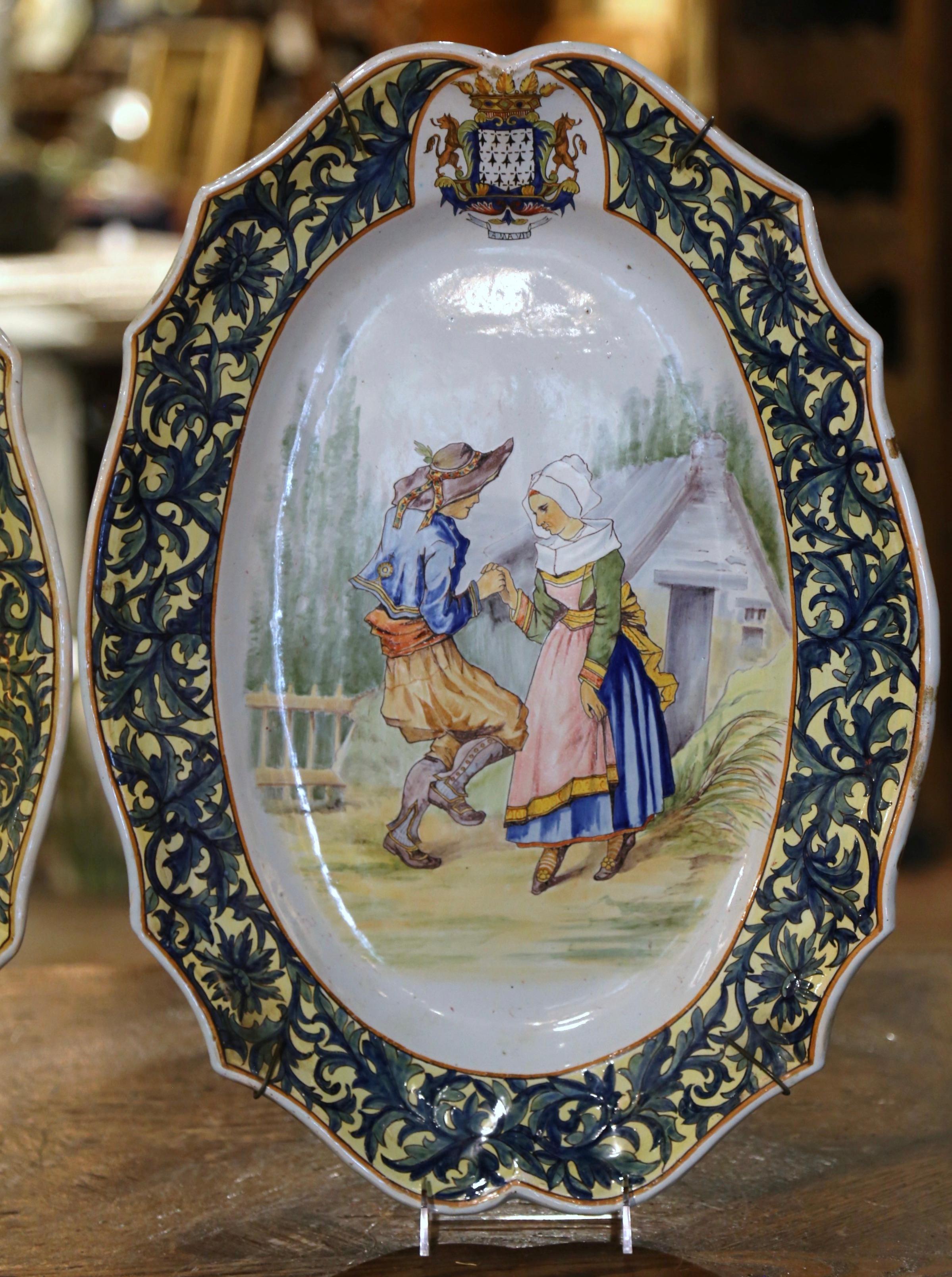 Pair 19th Century French Painted Faience Porquier Beau Quimper Wall Platters For Sale 1