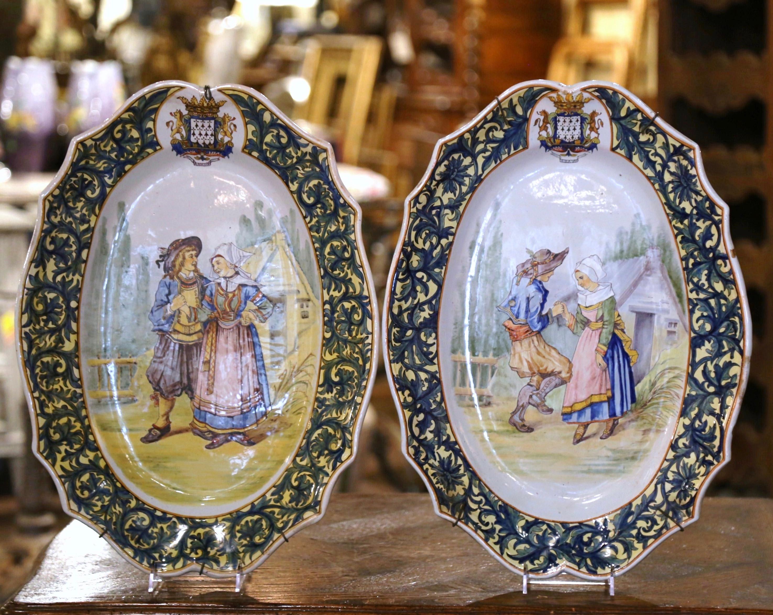 Pair 19th Century French Painted Faience Porquier Beau Quimper Wall Platters For Sale 3