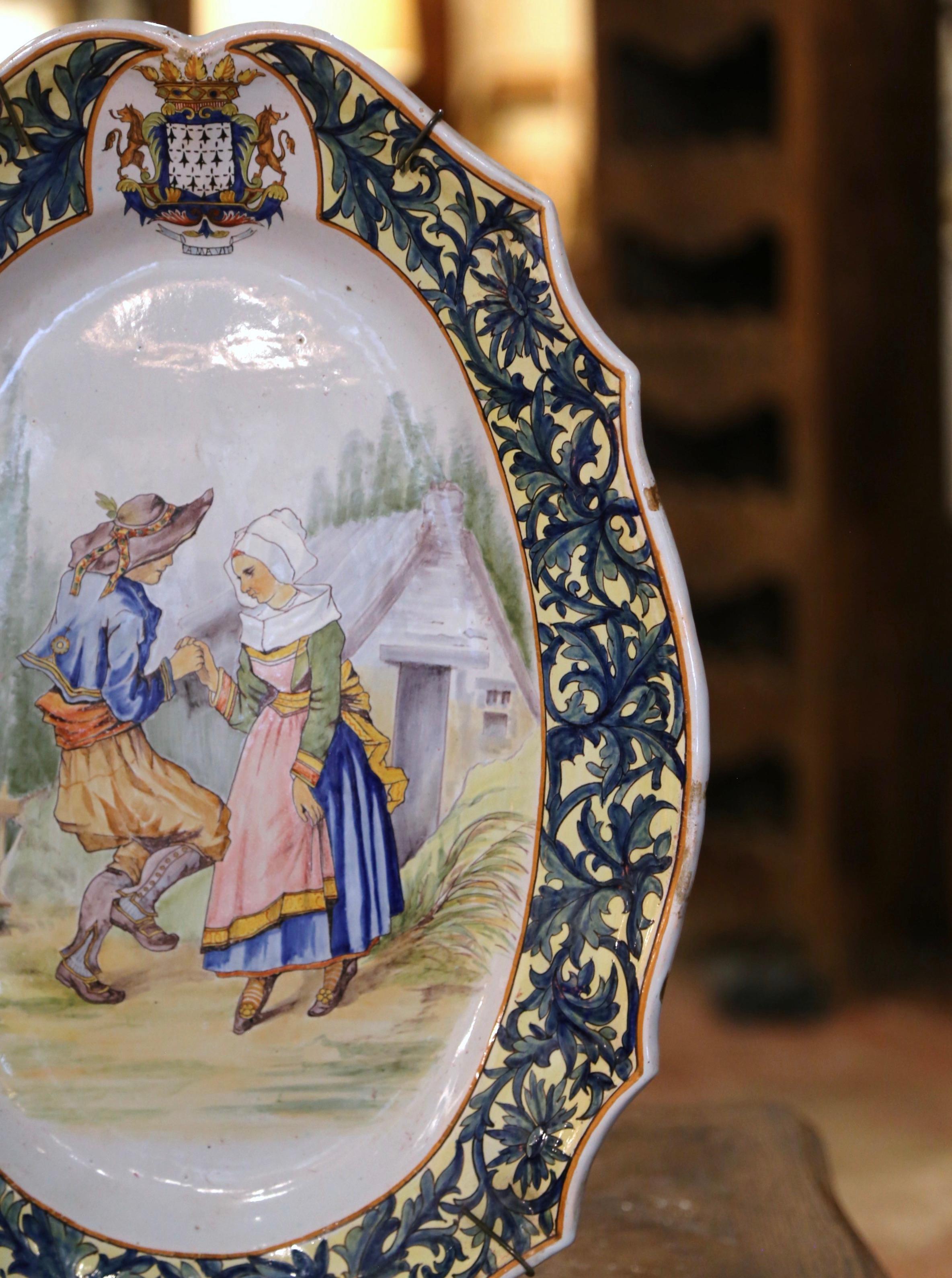 Pair 19th Century French Painted Faience Porquier Beau Quimper Wall Platters For Sale 4
