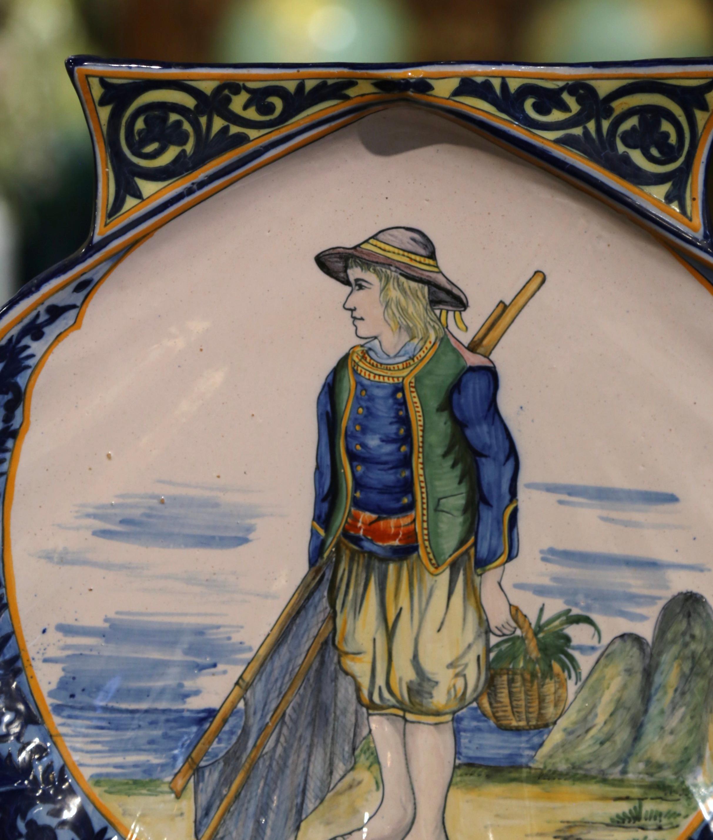 Pair 19th Century French Painted Faience Shell-Form Platters Signed HR Quimper For Sale 6