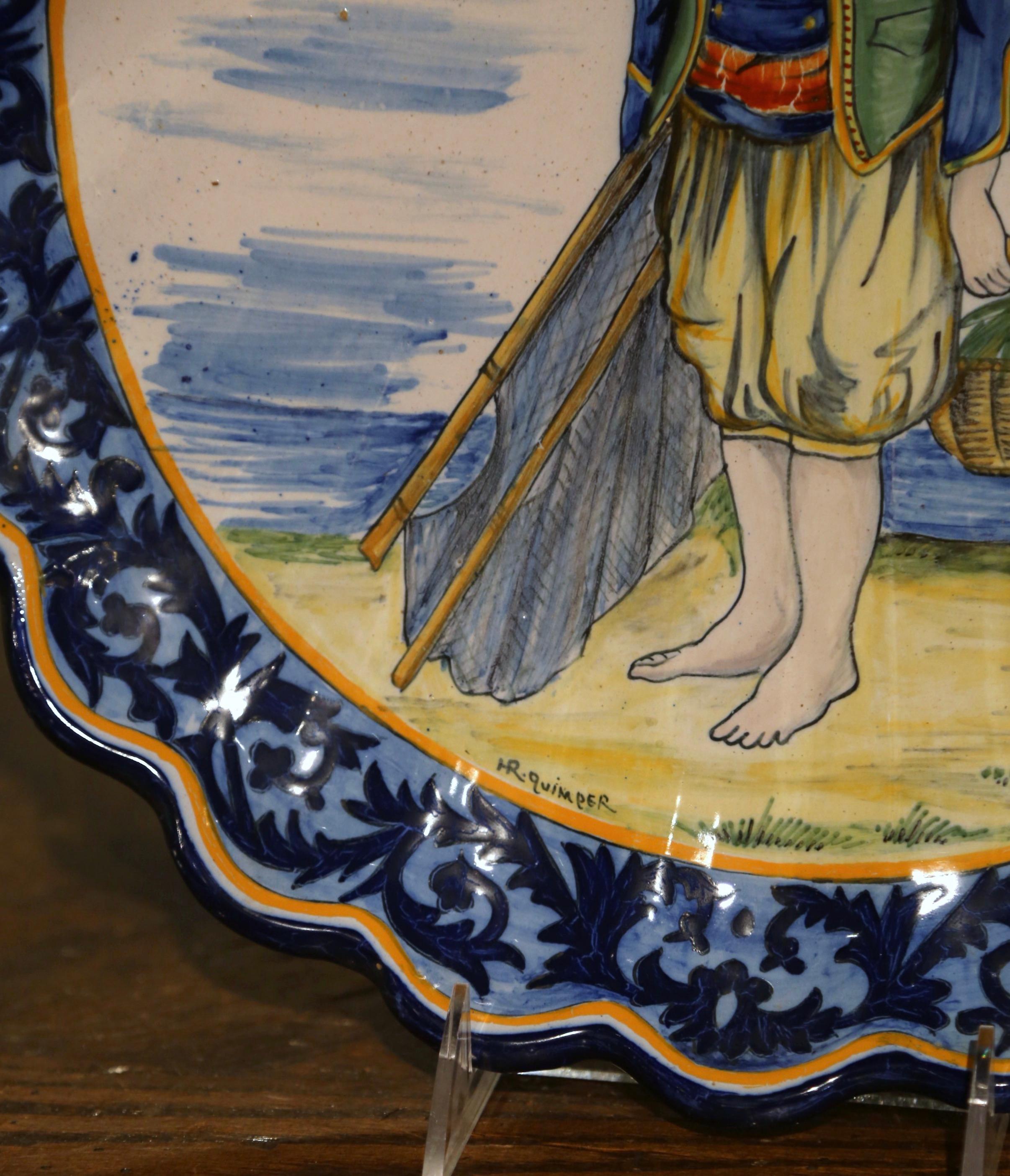 Pair 19th Century French Painted Faience Shell-Form Platters Signed HR Quimper For Sale 7
