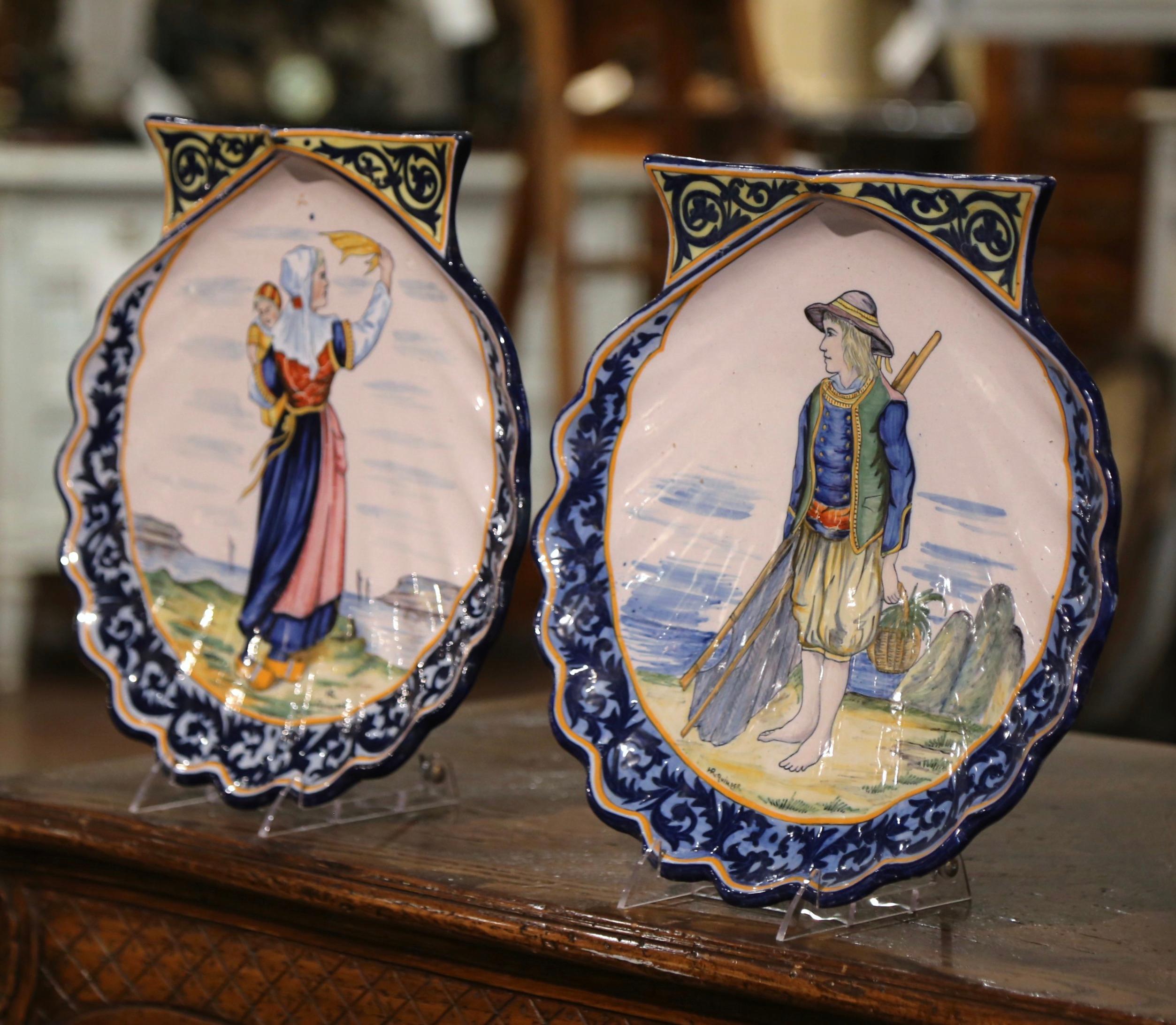 Pair 19th Century French Painted Faience Shell-Form Platters Signed HR Quimper For Sale 8